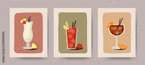 Collection of retro cocktail cards in minimalist style. Summer alcohol drinks with berries, lemon, mint, and straws. Perfect design elements for party posters, ads, menu covers, and invitations
