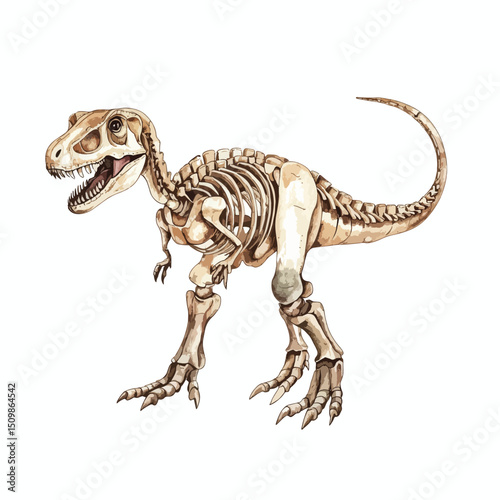 Tyrannosaurus Rex Skeleton Illustration with Open Jaws and Curved Tail