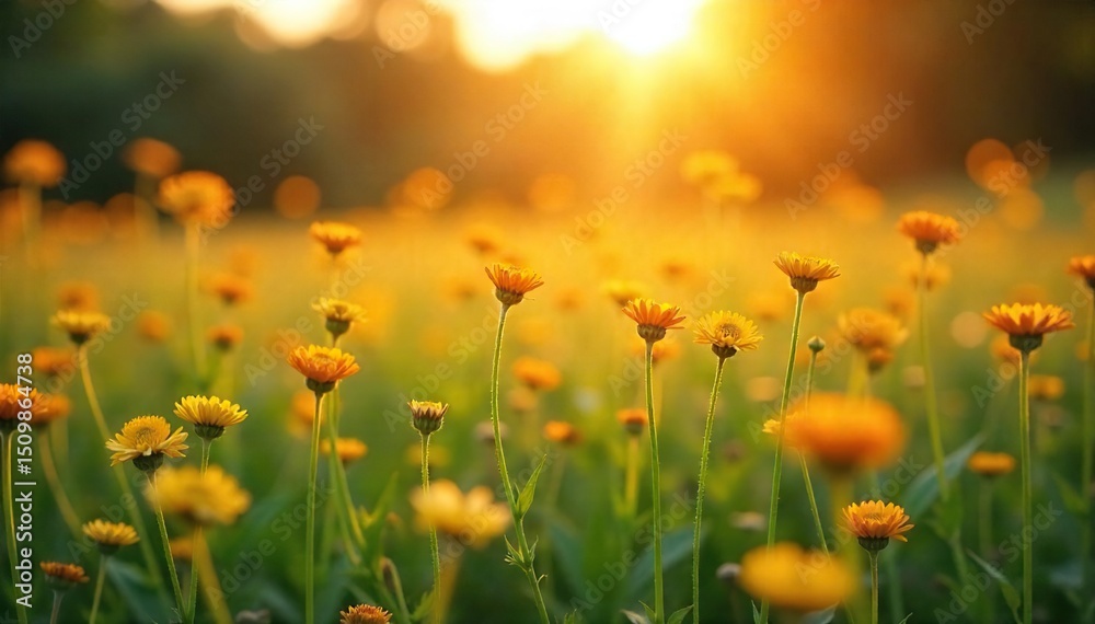Fototapeta premium Golden hour sunlight bathes a field of wildflowers in a soft, dreamy yellow light Perfect for spring, summer, or nature themes Ideal for backgrounds or textures , warm light, beautiful