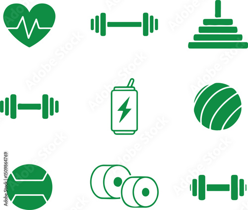 Green Fitness Icons Collection Heart Rhythm, Weights, Energy Drink, Gymball on White