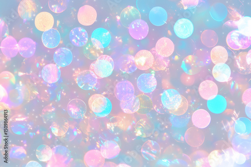 Iridescent bokeh circles with pastel sparkle on blue background	
