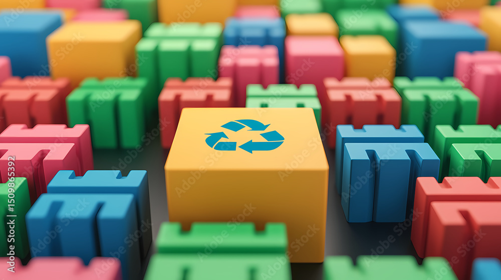 Obraz premium Colorful blocks, with a yellow block featuring a blue recycling symbol in the center, represent sustainability and organization.