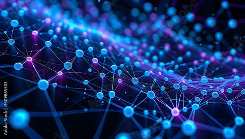 Abstract digital network of connected spheres and lines in blue and purple on black