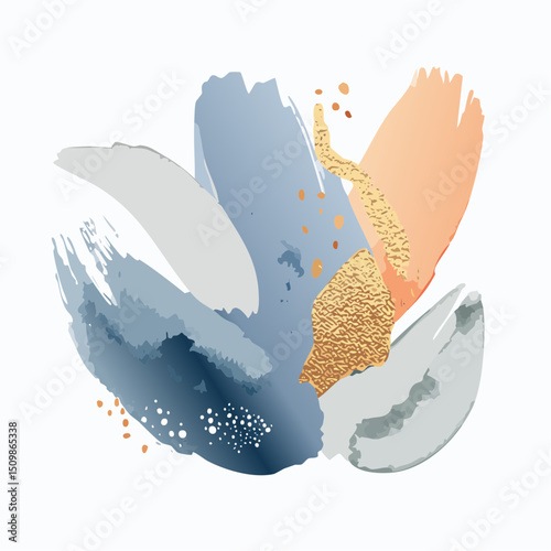 A stylish vector set of abstract brushstrokes and smudges in warm and cool tones, featuring gold textures and modern shapes. Ideal for branding, backgrounds, or contemporary art projects.