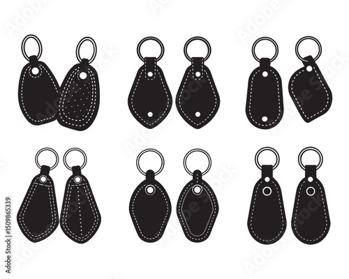 Metal and leather keychains with one metal home key, png isolated background.