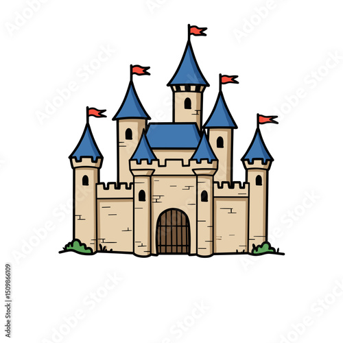 Cartoon castle with blue roofs and flags on a white background  