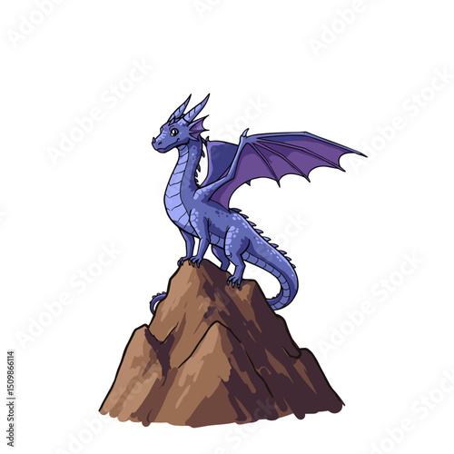 Cartoon blue dragon standing on a rocky mountain peak  