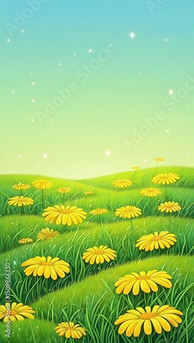 Beautiful meadow scene with lush green grass and vibrant yellow daisies under a clear sky