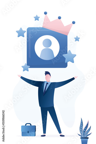 Premium, priority and VIP member accounts. Exclusive and special. Businessman holding big account symbol with crown and stars. VIP male character. First or premium class.