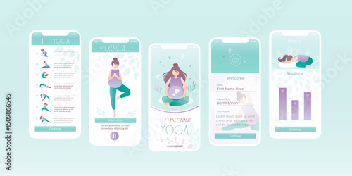 Yoga courses, gymnastics classes for pregnant. Set of vertical pages for mobile app or web banners, template. Pregnant women doing physical exercises, practicing yoga.