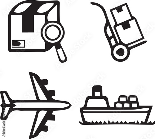 Delivery: Set of four black and white icons representing package delivery, shipping search, transport on trolley, global transportation, ensuring prompt delivery, cargo and delivery service