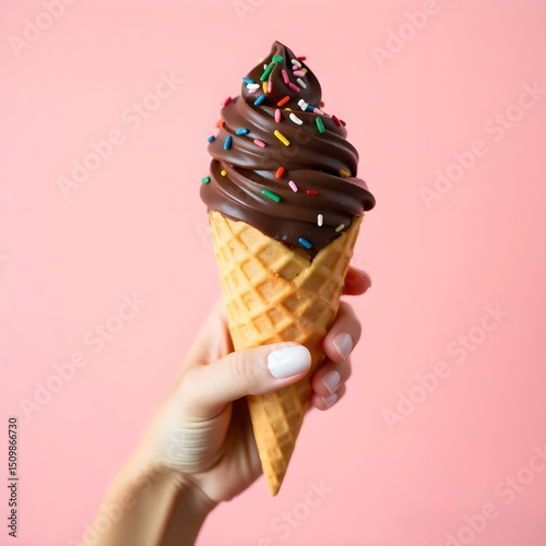 close up of a hand holding a chocolate ice cream cone on a pink background with copy space
