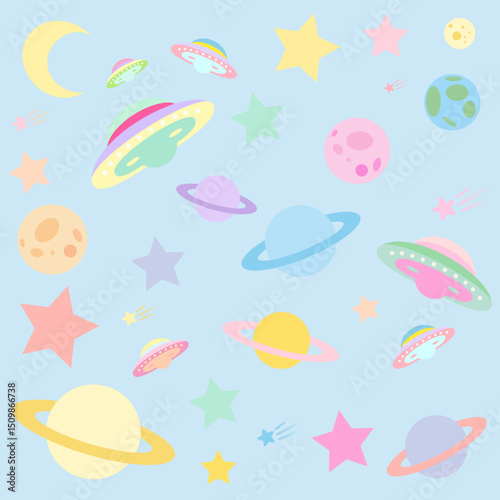 Colorful Space Motif Pattern on Pastel Blue Background