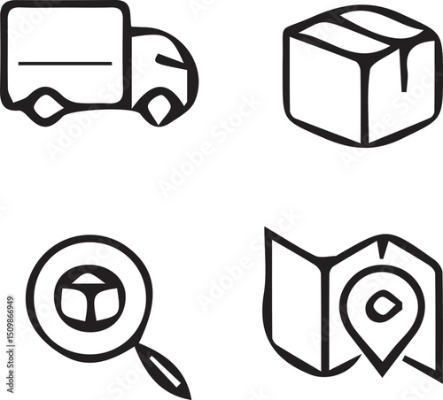 Delivery Service Icons: Simple line art icons representing key aspects of delivery services – a delivery truck, package, search for package and a map with a location pin.  