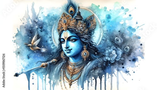 Watercolor portrait of lord krishna