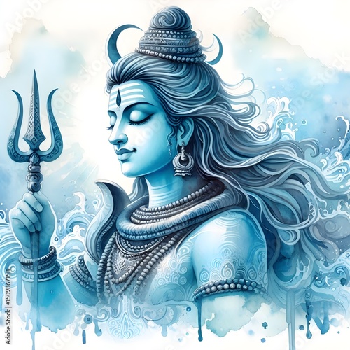 Watercolor Illustration of lord shiva in blue theme. Maha Shivaratri. Shiv devotional portrait.