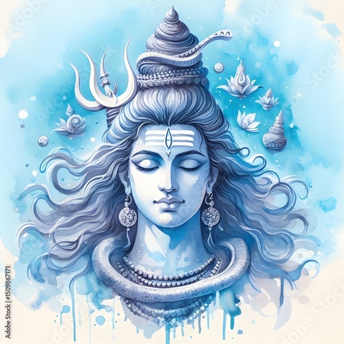 Watercolor Illustration of lord shiva in blue theme. Maha Shivaratri. Shiv devotional portrait.