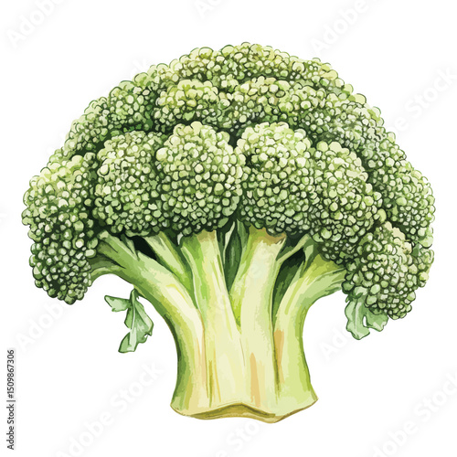 Vibrant Green Broccoli Head in Detailed Watercolor Style