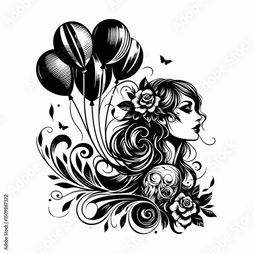 Woman with balloons and floral elements in silhouette