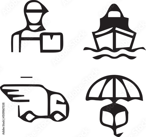 Shipping and Delivery Icons: Four simple yet effective icons representing key aspects of shipping and delivery: a delivery person, cargo ship, delivery van, and package protection.