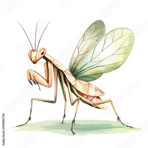 Vibrant Illustration of a Praying Mantis with Detailed Wings