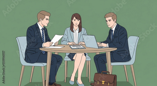 Business Meeting with Diverse Team at Round Table | Corporate Collaboration Illustration for Teamwork, Negotiation, and Project Planning