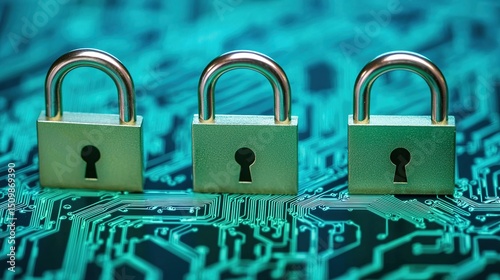 Wallpaper Mural Three padlocks on a digital circuit board symbolize cybersecurity, data protection, and secure technology. Torontodigital.ca
