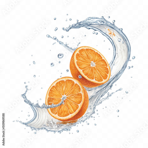 realistic smooth liquid orange into water splash in curve style isolated on transparent background
