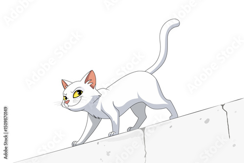 A white cat with a sly smile is walking on a slightly cracked wall. Cartoon cat illustration, vector cartoon illustration.