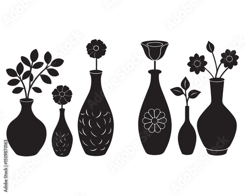 Set of icons of vases, clay amphorae. Black silhouette of vessels of different shapes. Vector illustration, Detailed illustration of ancient greek pottery ceramic vases silhouettes.Modern illustration