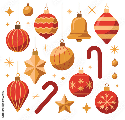 Festive Christmas Ornaments and Candy Canes in Red and Gold Holiday Decoration Elements