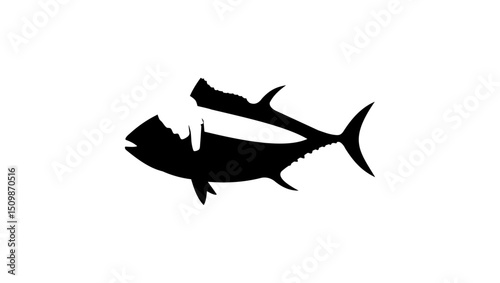 Butcher cutting fish, black isolated silhouette
