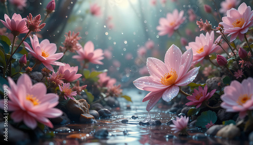 Wallpaper Mural Serene Pink Lotus Flowers with Dew Drops in Morning Light Torontodigital.ca