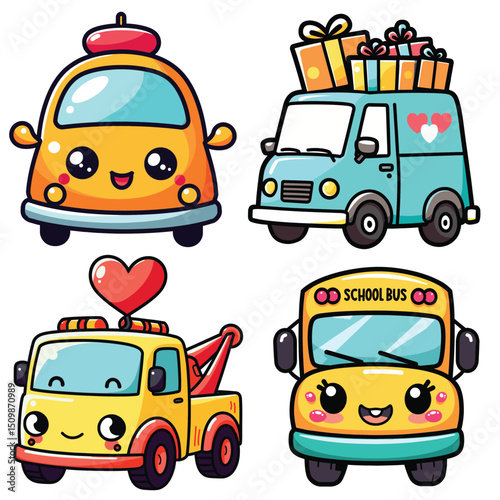 Kawaii cute cartoon vehicles with happy faces, colorful vector illustration, kids' learning