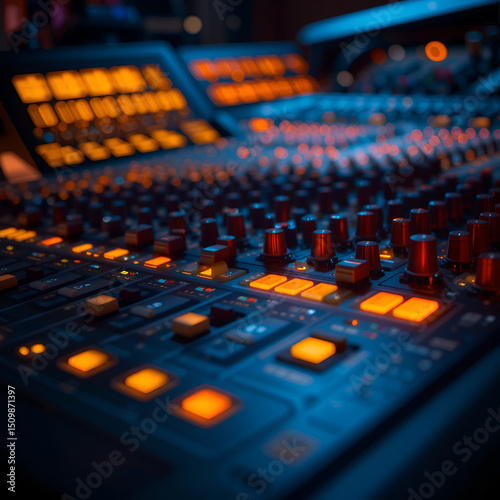 Close-up of illuminated audio mixing console with glowing orange lights and sliders in a dark studio setting.