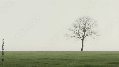 A lonely tree stands in a foggy meadow, a solitary figure in the serene, green landscape.