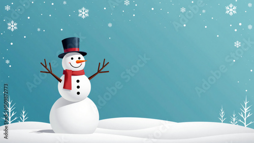Cheerful snowman with a hat and scarf in a snowy landscape, festive winter scene, copy space