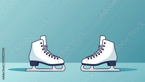 Pair of white ice skates on a blue background, winter sports equipment, copy space