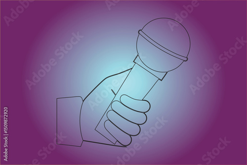 Hand holding a microphone with business and success symbols