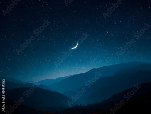 Night sky with a crescent moon over mountainous terrain.