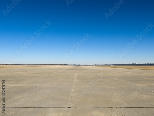 
Wide view of an empty airport runway stretching into the distance under a clear sky with ground markings visible

