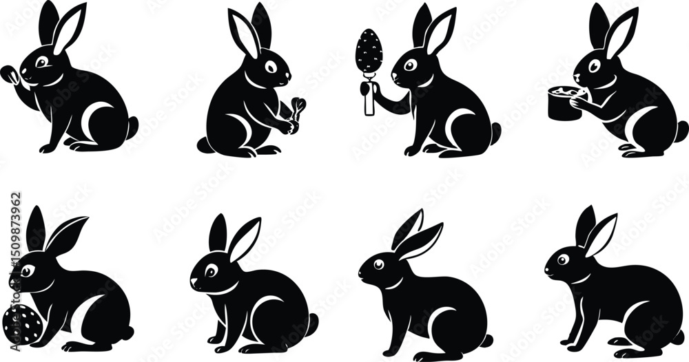 Fototapeta premium Stylized Rabbit Silhouettes Collection – Minimalist Black and White Bunny Poses and Vector Icons