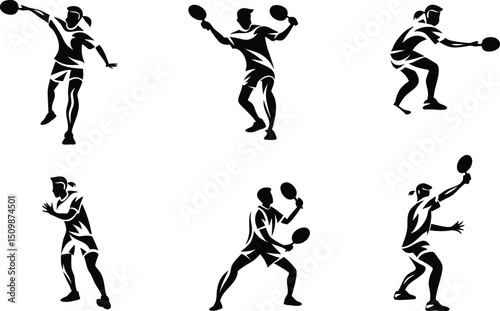Tennis Player Silhouettes Set – Dynamic Black and White Sports Action Poses Collection
