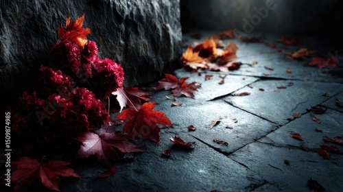 Fallen red and brown leaves on the dark stone surface