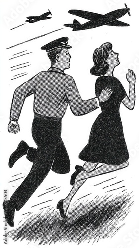 Couple running vintage style illustration