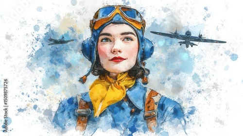 Woman aviator watercolor portrait