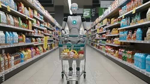 A humanoid robot pushing a shopping cart in a grocery store aisle filled with various products