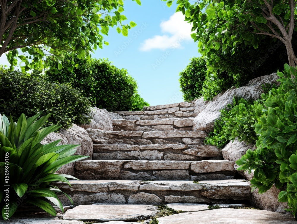 Obraz premium Stone Steps Leading Through Lush Garden A Serene Pathway to Tranquility