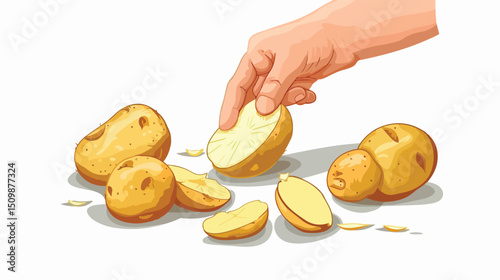 Rustic Hand Peeling Potatoes: A Hand-Drawn Flat Illustration Perfect for Cookbook, Recipe Blogs, and