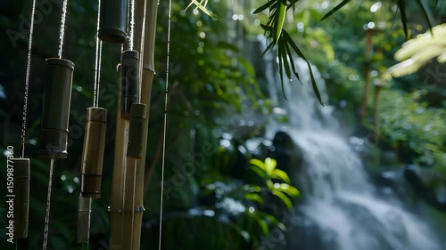 Zen bamboo waterfall in lush forest, zen bamboo waterfall with soft light, zen bamboo waterfall soundscape in jungle,zen forest waterfall chime, bamboo sound in nature retreat, tranquil jungle water

